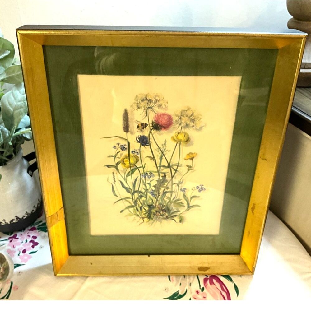 Vintage framed wildflower print matted with gold frame; Cottagecore Grandmacore